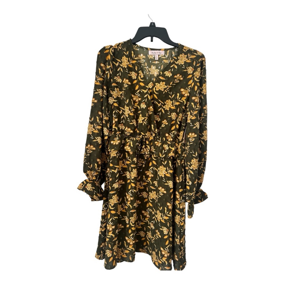 Harlow & Rose Floral Long Sleeve Dress Size S. Dark Olive green & Yellow Flowers